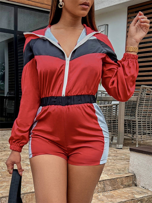 Women's Casual Splicing Contrast Color Zipper Short Jumpsuit