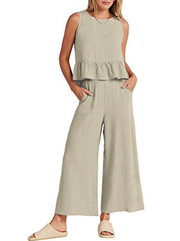 Sleeveless pleated vest wide-leg cropped pants casual set