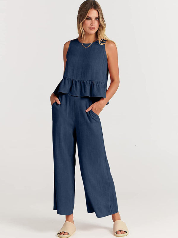 Sleeveless pleated vest wide-leg cropped pants casual set
