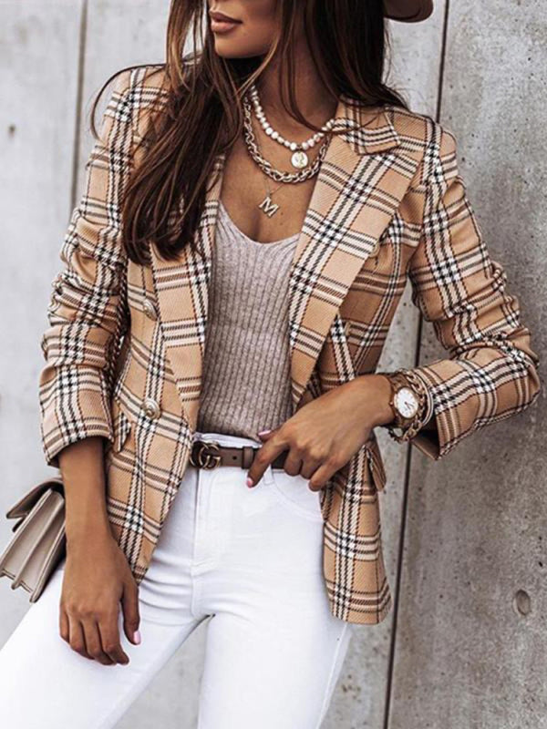 Long-sleeved double-breasted plaid-print blazer