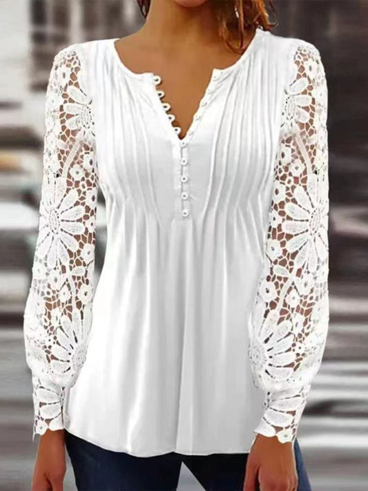 Lace sleeves pleated solid color button bottoming shirt