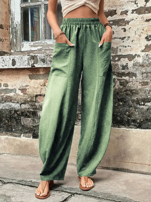 Women's Solid Color Pocket Casual Elastic Trousers