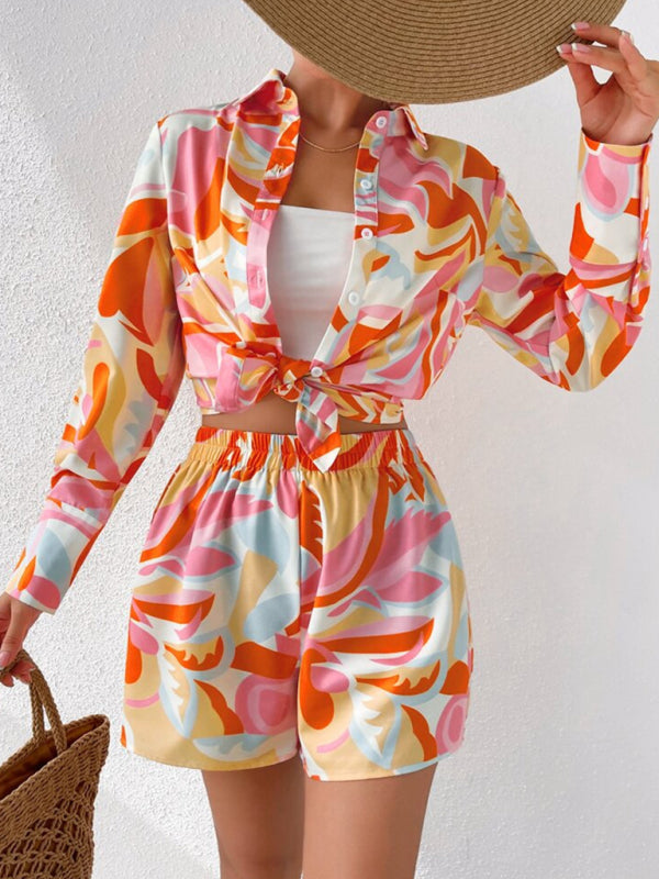 Women's printed casual long-sleeved shirt + shorts two-piece set