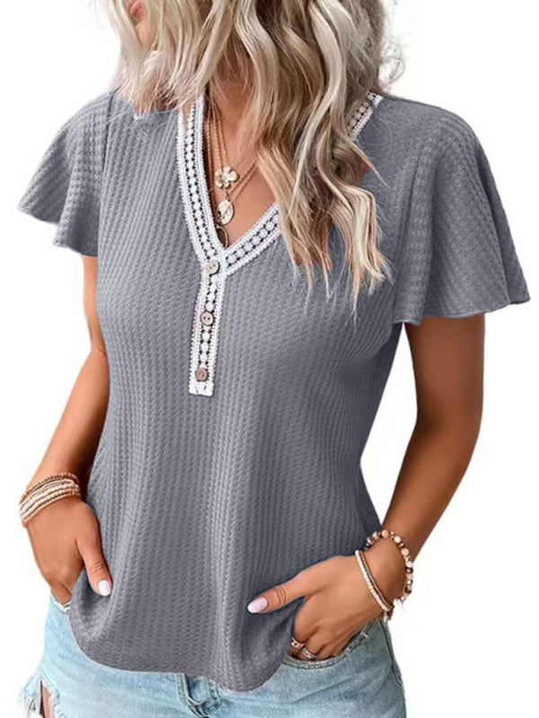 Women's Casual Sleeve Waffle Stitching Short Sleeve T-Shirt