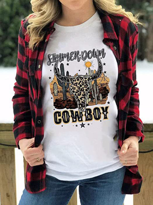 Women's Casual Short Sleeve Highland Cow Western Cowboy T-Shirt