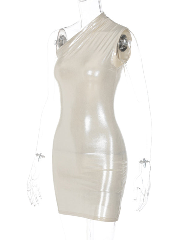 Slim Solid Color Slant Shoulder Sleeveless Dress