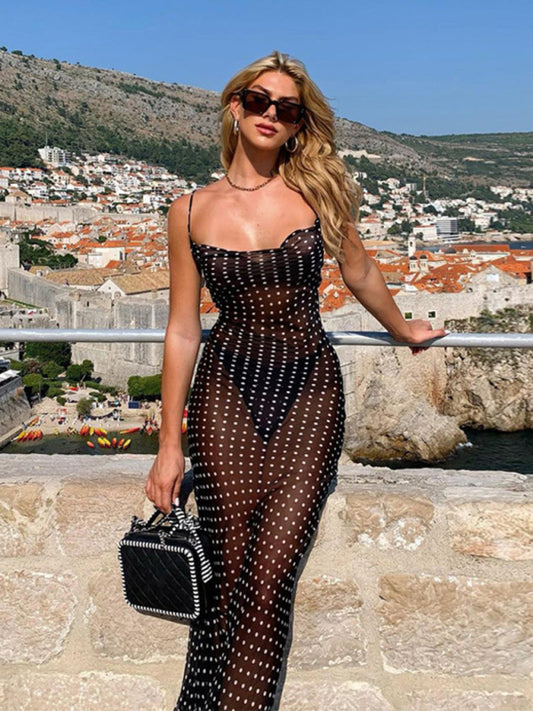 Women's mesh see-through back lace-up dress