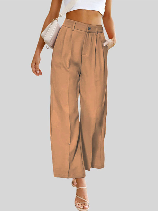 महिलाओं की कैज़ुअल वाइड लेग ड्रेस पैंट, जेब के साथ उच्च कमर बटन वाली पतलून