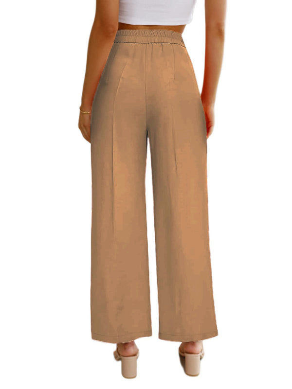 महिलाओं की कैज़ुअल वाइड लेग ड्रेस पैंट, जेब के साथ उच्च कमर बटन वाली पतलून