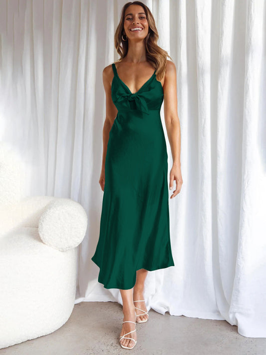 Women's Solid Satin Knotted Strap Midi Dress