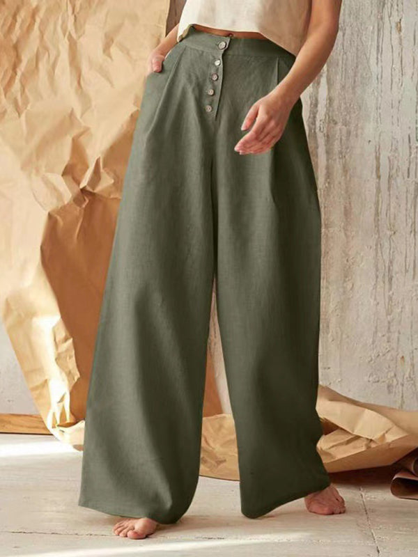 Solid Color Single-breasted Button Casual High Waist Wide Leg Pants