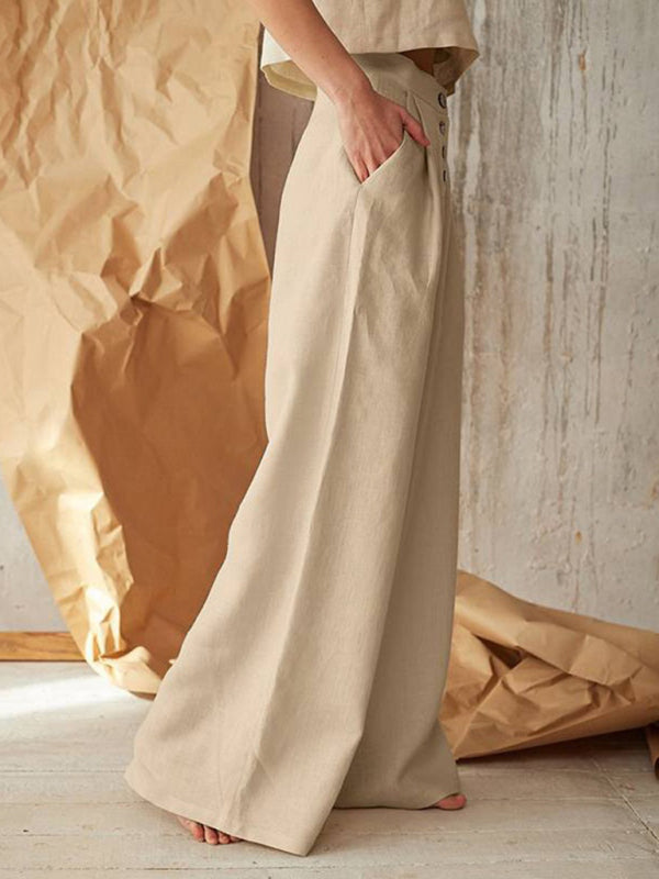 Solid Color Single-breasted Button Casual High Waist Wide Leg Pants