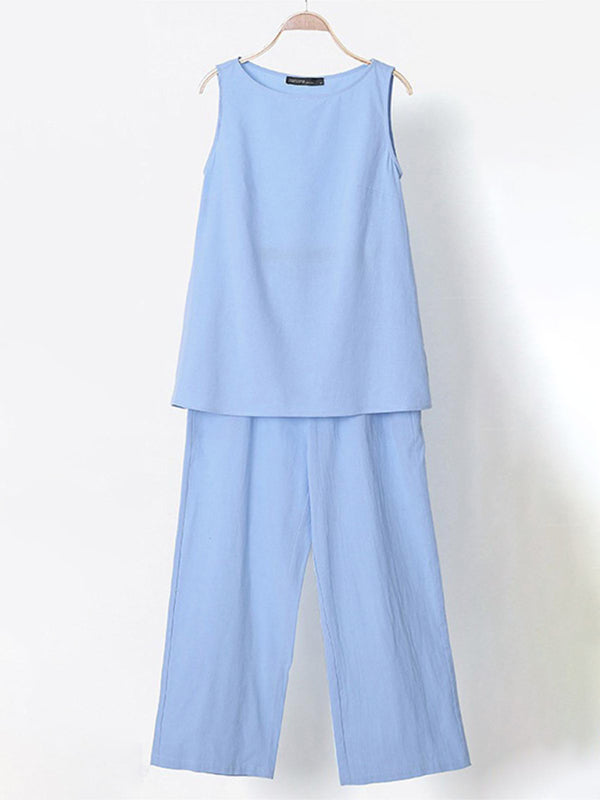 Women's Solid Color Cotton Linen Sleeveless Top + Wide-leg Pants Two-Piece Set
