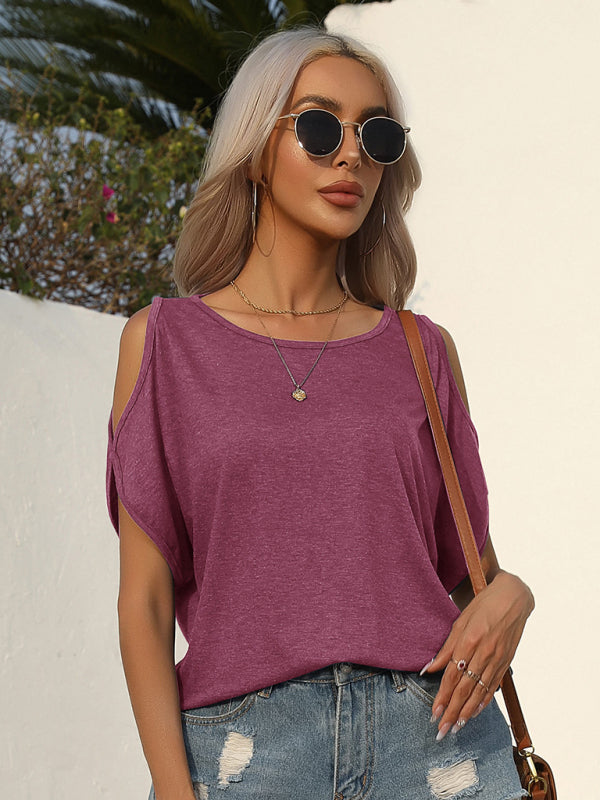 Women's solid color strapless round neck short-sleeved T-shirt