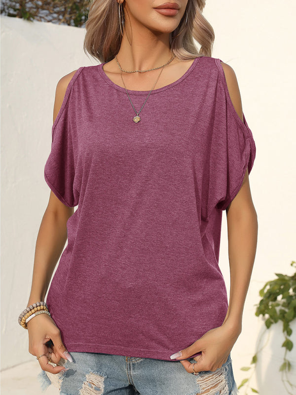 महिलाओं के लिए बुनी हुई ठोस रंग की स्ट्रैपलेस गोल गर्दन वाली छोटी बाजू वाली टी-शर्ट