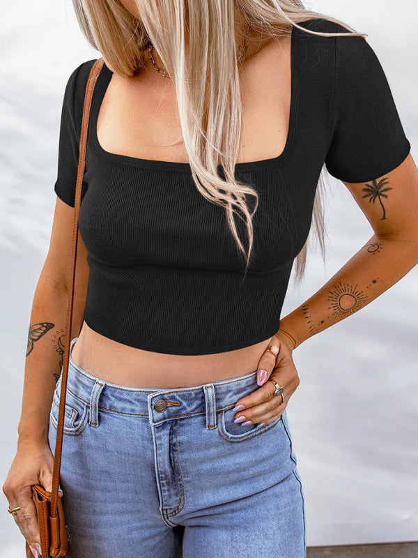 महिलाओं की बुना हुआ चौकोर गर्दन वाली छोटी आस्तीन वाली टी-शर्ट