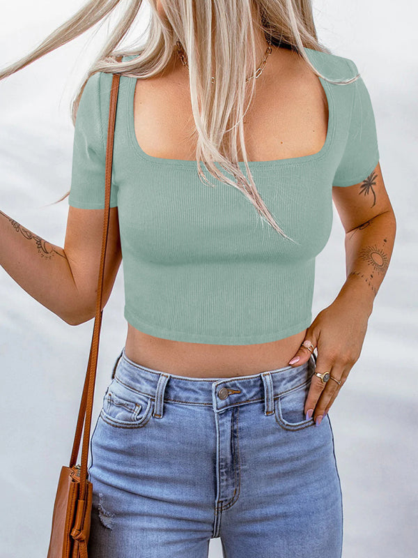 महिलाओं की बुना हुआ चौकोर गर्दन वाली छोटी आस्तीन वाली टी-शर्ट