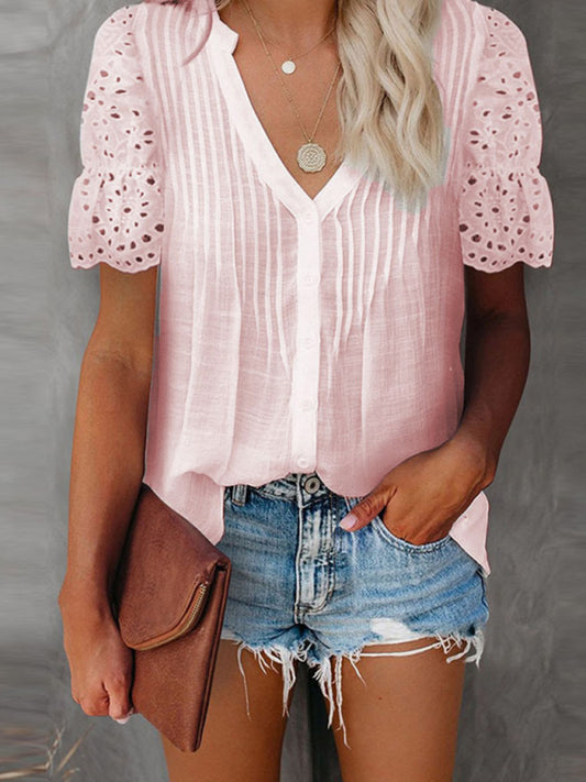 Solid color V-neck front pleats lace puff sleeves shirt