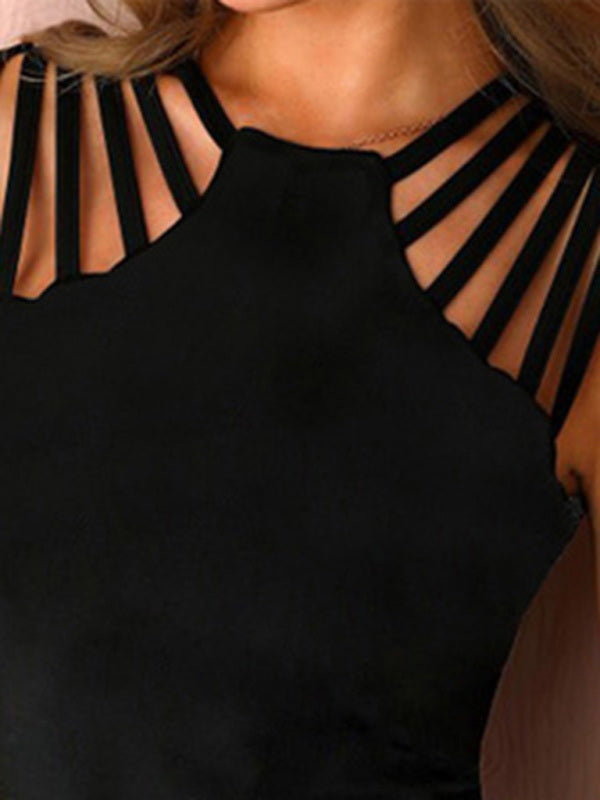 Solid color shoulder hollow halter neck women's top