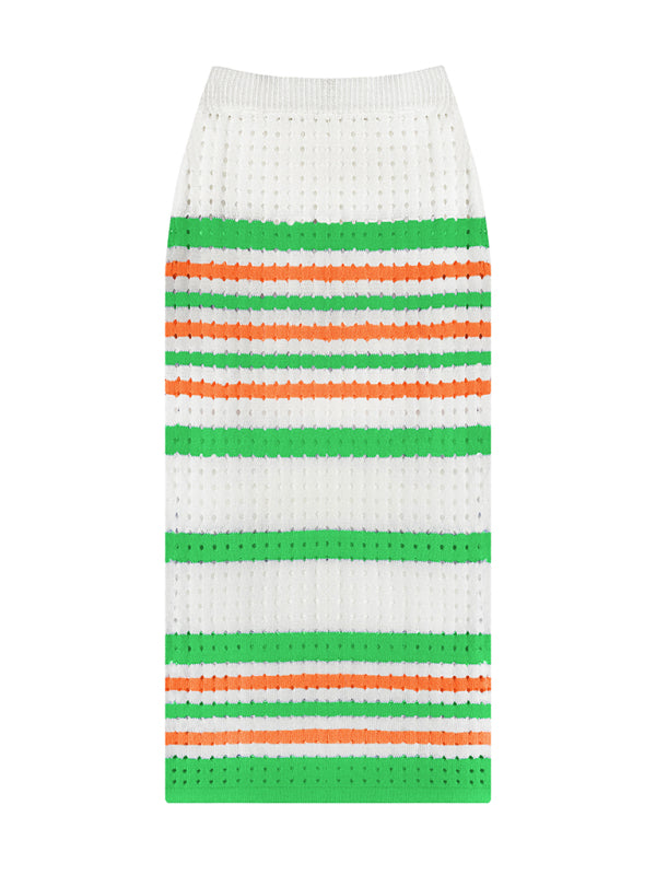 Striped Hollow Short Vest + Slit Long Skirt Two-Piece Set