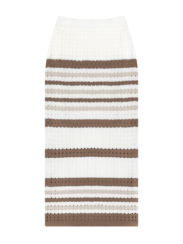 Striped Hollow Short Vest + Slit Long Skirt Two-Piece Set