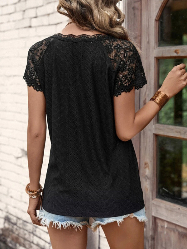 Women's V-neck short-sleeved stitching lace sleeve top