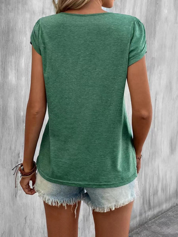 Solid Color V-Neck Petal Sleeve Loose T-Shirt
