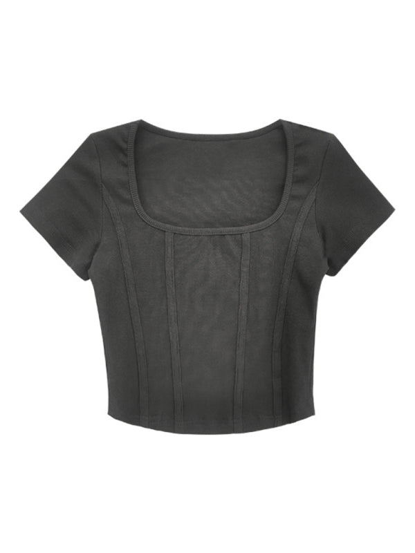 Women's Retro Three-dimensional Herringbone Line Slim Square Neck Short Sleeve T-Shirt