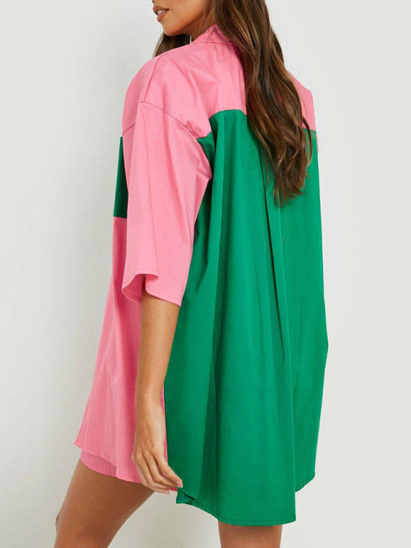 Women's Colorblock Shirt Top + Elastic Waist Shorts Two-piece Set