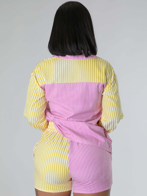Women's striped color contrast shirt + shorts two-piece set