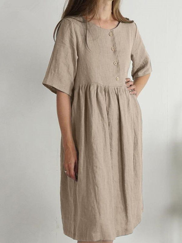 Women's Cotton Linen Round Neck Loose Solid Color Pocket Dress