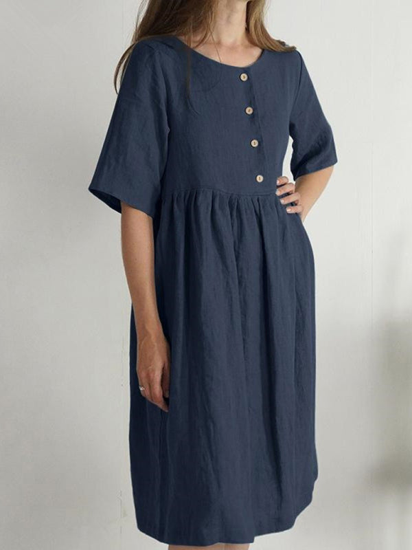 Women's Cotton Linen Round Neck Loose Solid Color Pocket Dress