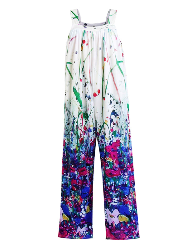 Women's Floral Printed Square Neck Wide Suspenders Jumpsuit