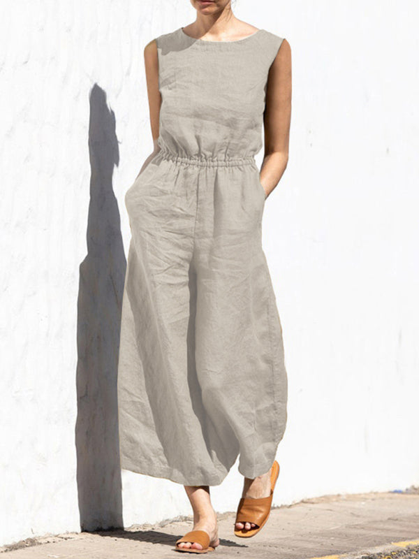 Solid color high waist sleeveless casual loose-fitting jumpsuit