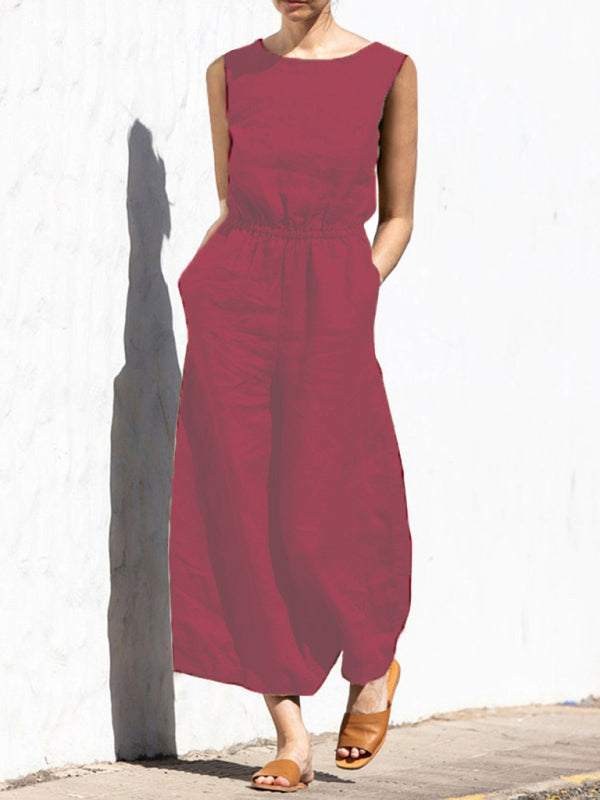 Solid color high waist sleeveless casual loose-fitting jumpsuit