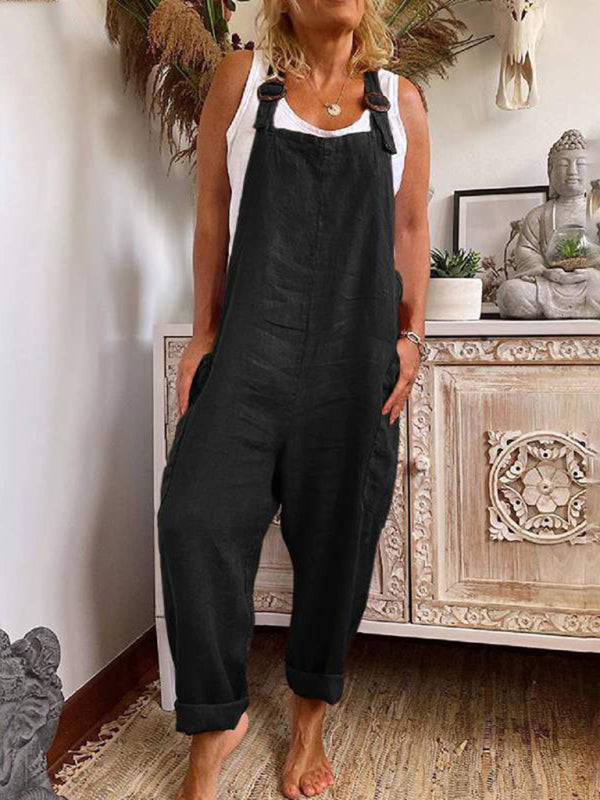 Women's adjustable buckle cotton and linen pocket overall