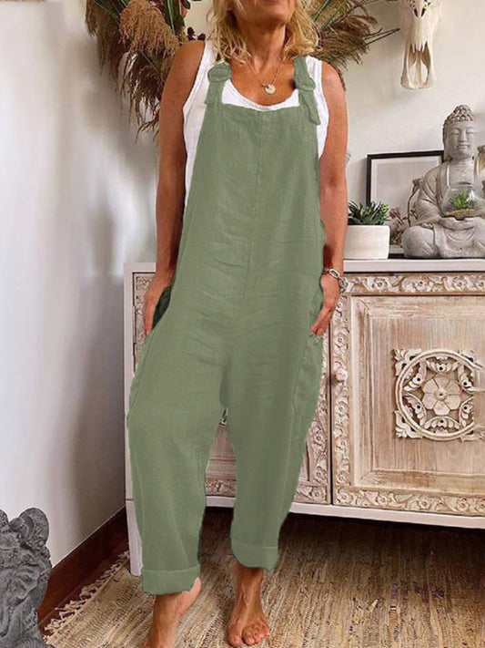 Women's adjustable buckle cotton and linen pocket overall