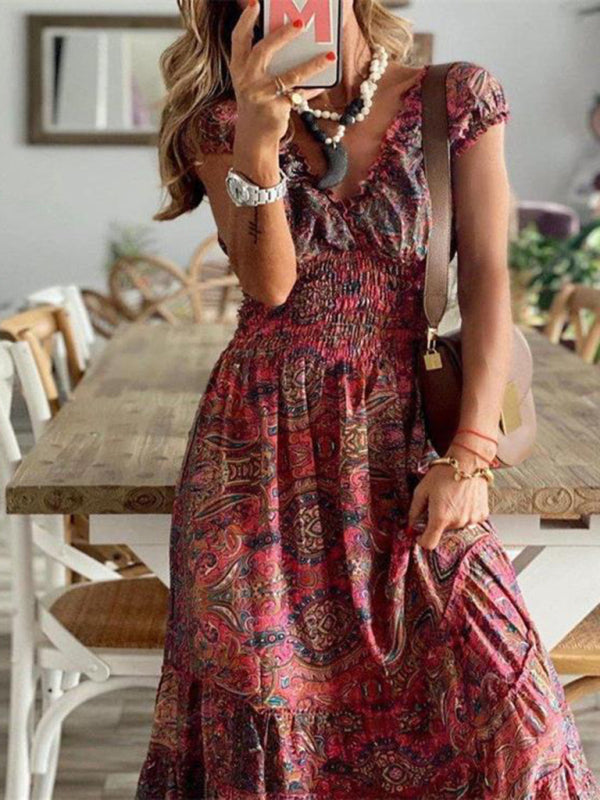 Bohemian style waist floral print large swing dress