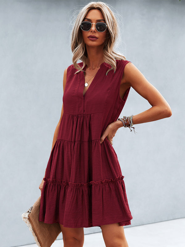 Women's Solid Color V-Neck Sleeveless Dress