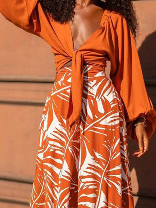 Temperament printed pants V-neck top long-sleeved two-piece set