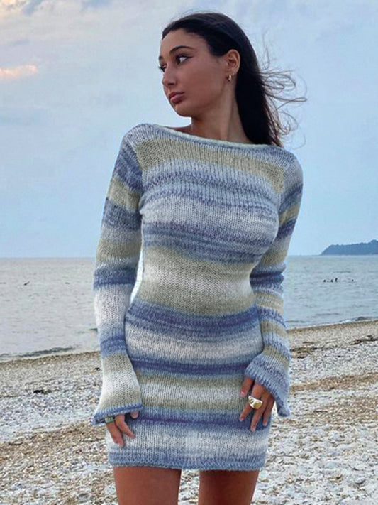 नई महिलाओं की सेक्सी ओपन बैक बेल स्लीव धारीदार स्वेटर ड्रेस