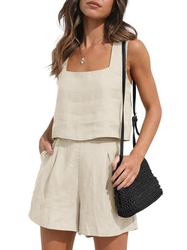 Women's Solid Color Casual Cotton Linen Sleeveless Square Neck Top + Shorts Two-Piece Set