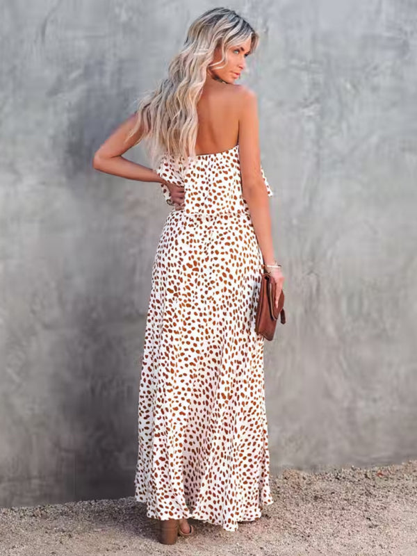 Leopard print one-shoulder ruffle slit dress
