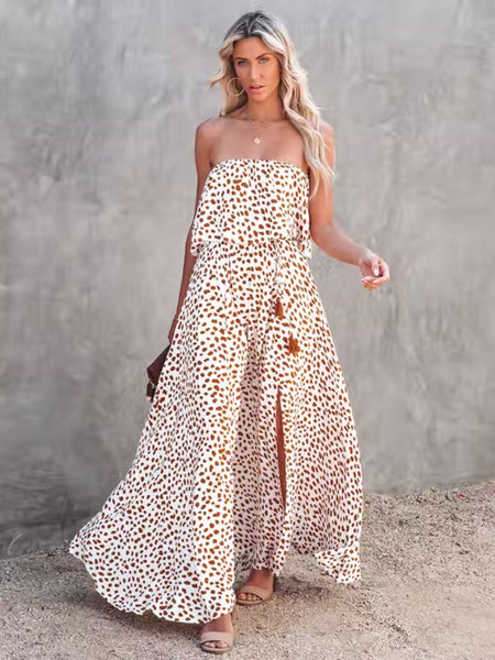 Leopard print one-shoulder ruffle slit dress