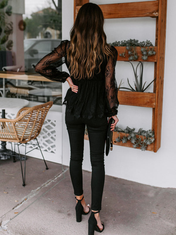 Lace Embroidery Stitching Lace Bow Tie Long Sleeve Top