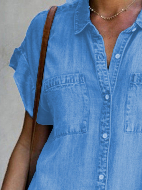 Casual Short-sleeve blue slim-fit denim midi dress