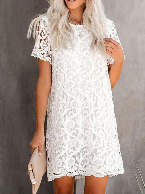 Casual and elegant round neck hollow lace midi dress