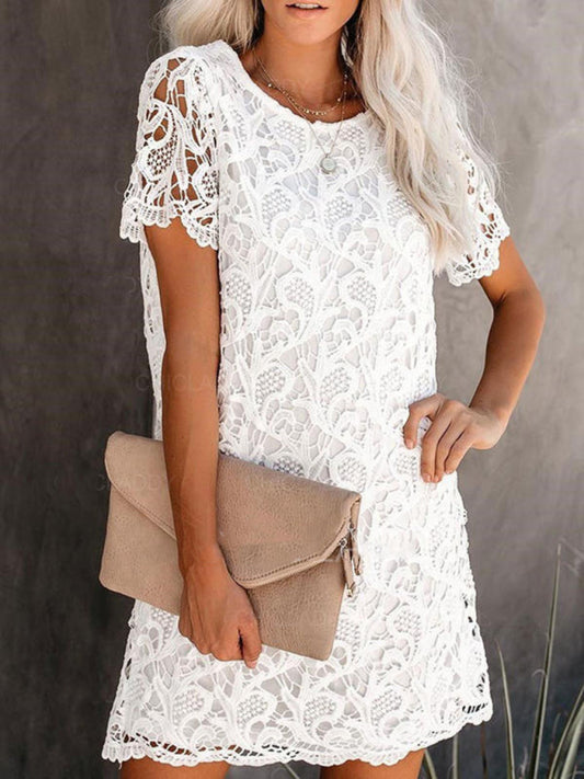 Casual and elegant round neck hollow lace midi dress