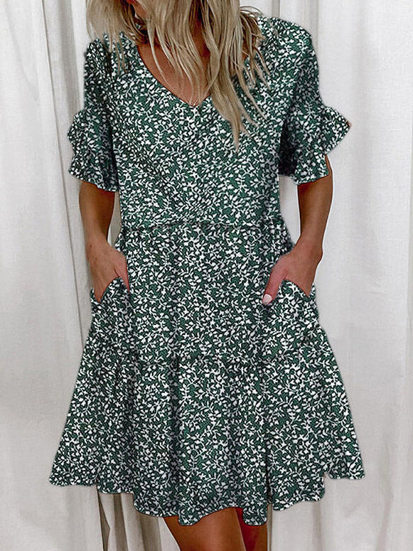 Loose V-neck Short Print Ruffle Pocket Dress