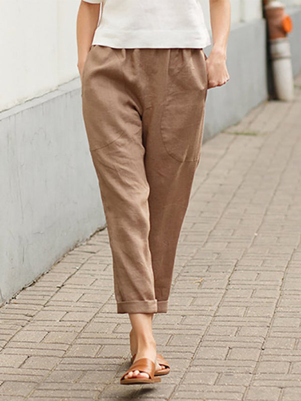 Women's Big Pocket Solid Color Comfortable Casual Pants Straight Leg Trousers